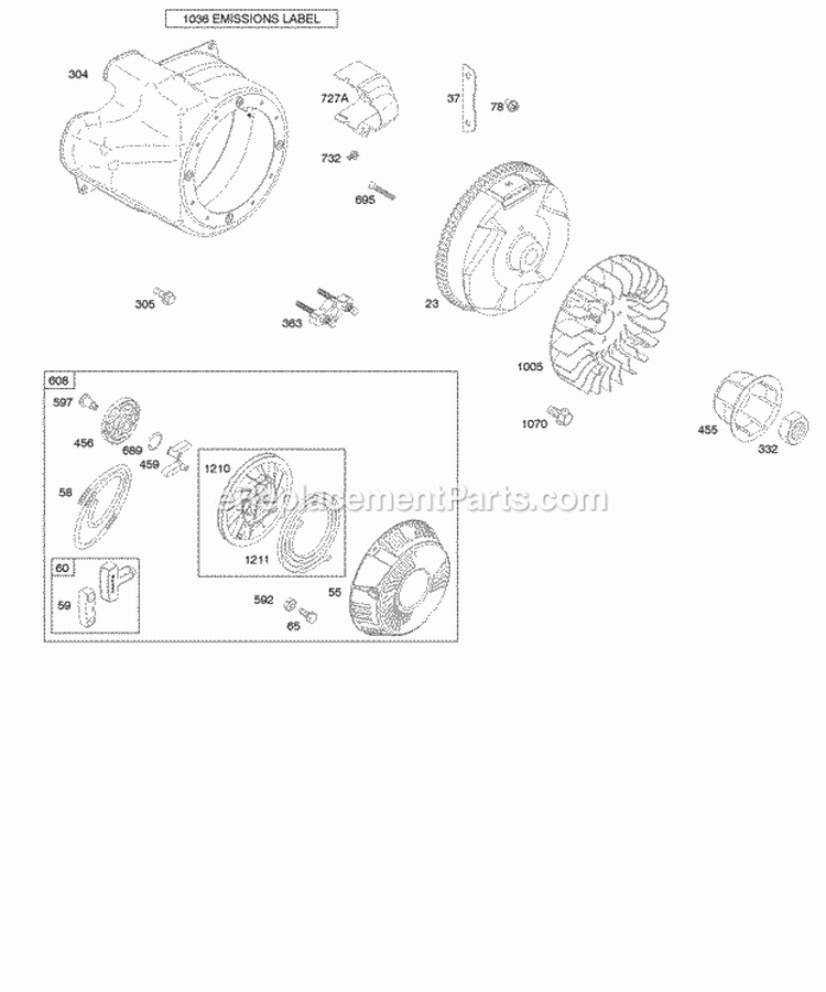 Blower HousingShrouds Flywheel Rewind Starter Diagram and Parts List for 213432-0100-E1  Briggs and Stratton Engine